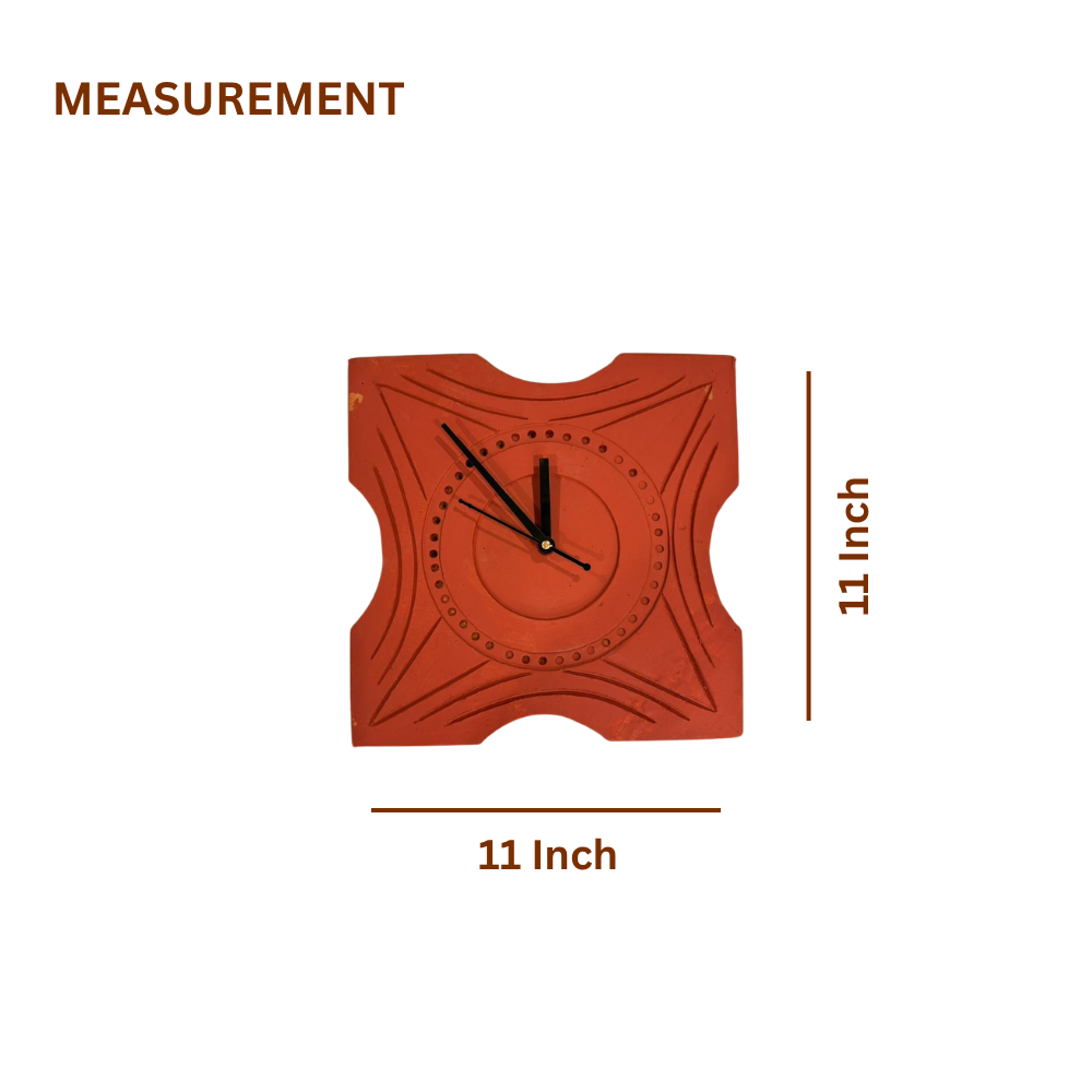 Terracotta Geometric Wall Clock — Curved Square with Arc & Dot Pattern