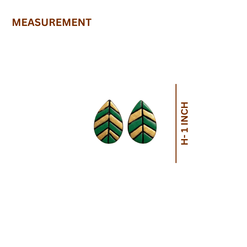 Terracotta Leaf Stud Earrings — Hand-Painted Green & Gold Clay Earrings