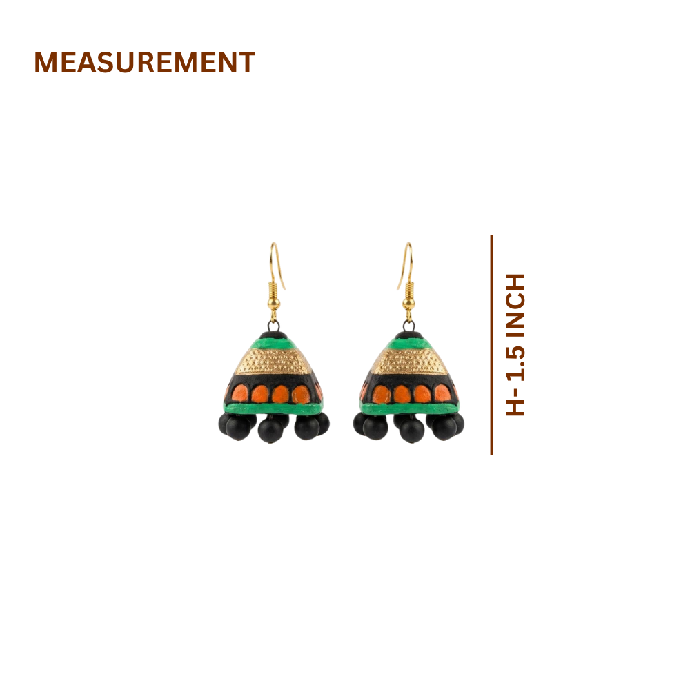 Terracotta Jhumka Earrings — Handcrafted Black, Gold & Green Clay Jhumkas