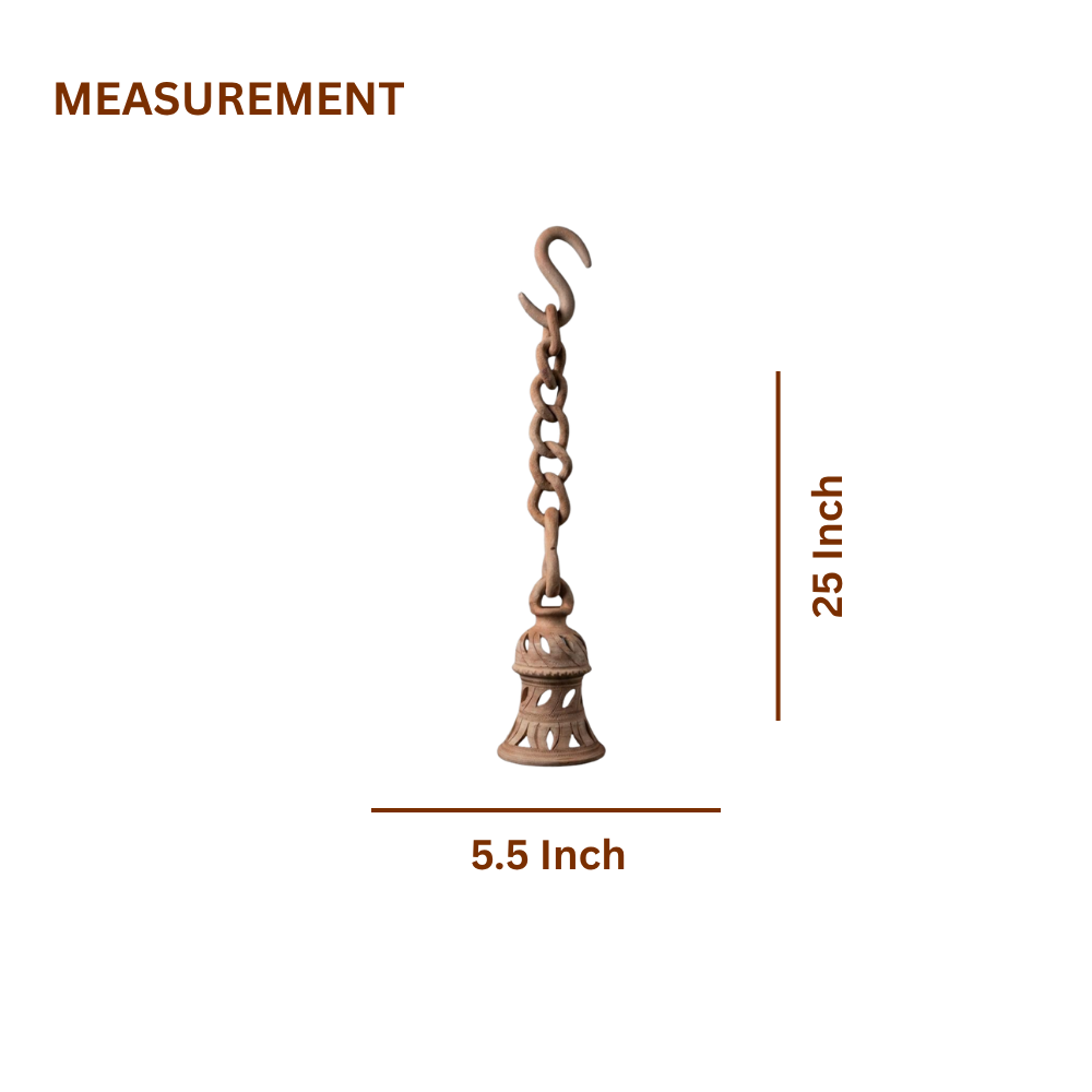 Terracotta Hanging Bulb Holder — Hand-Carved Clay Pendant with Chain & S-Hook