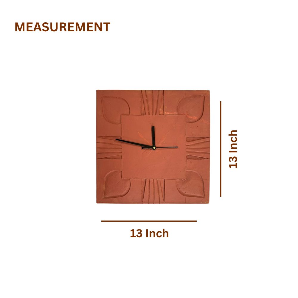 Terracotta Square Wall Clock — Leaf & Heart Relief, No Numbers