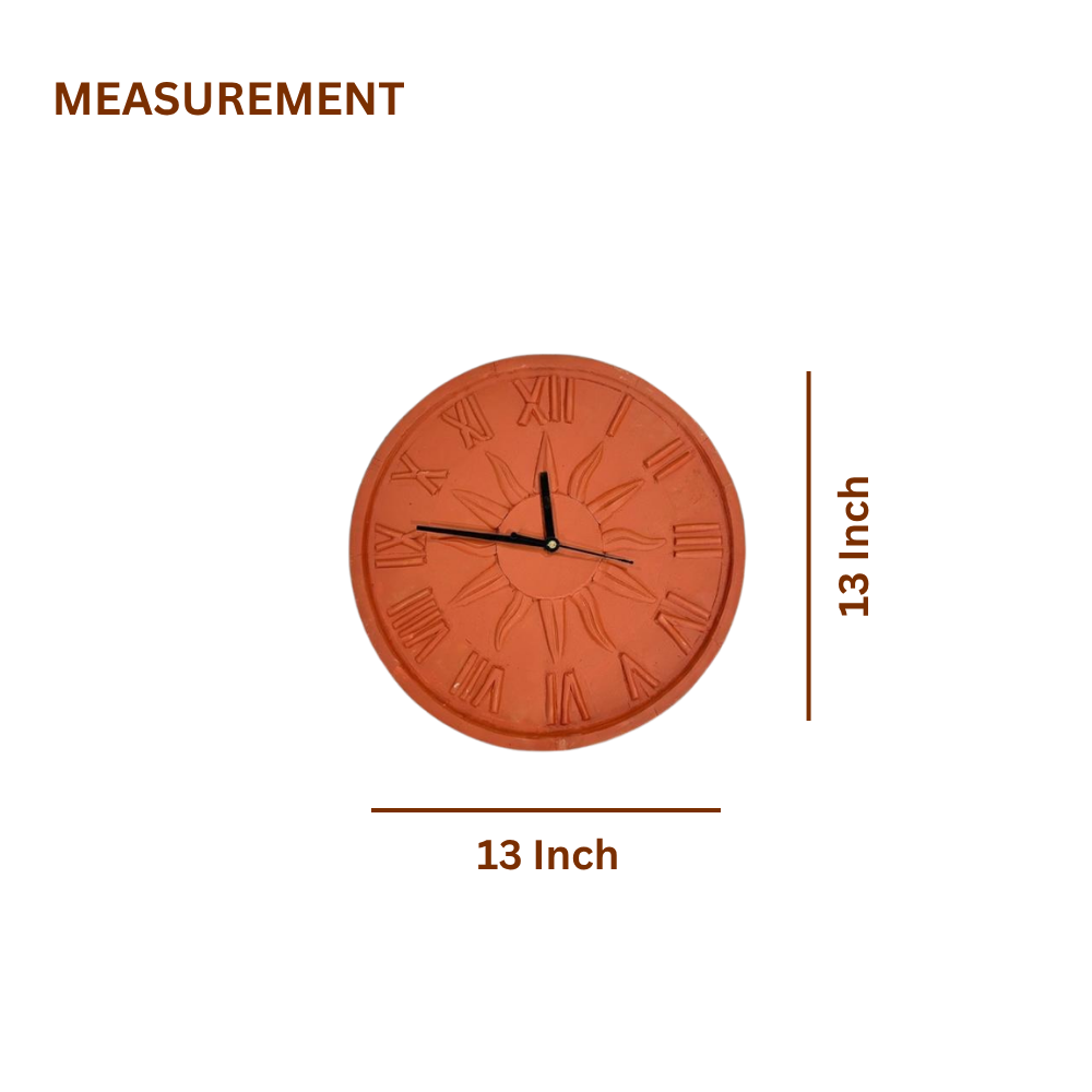 Terracotta Wall Clock — Round Clay Clock with Roman Numerals & Sun Motif