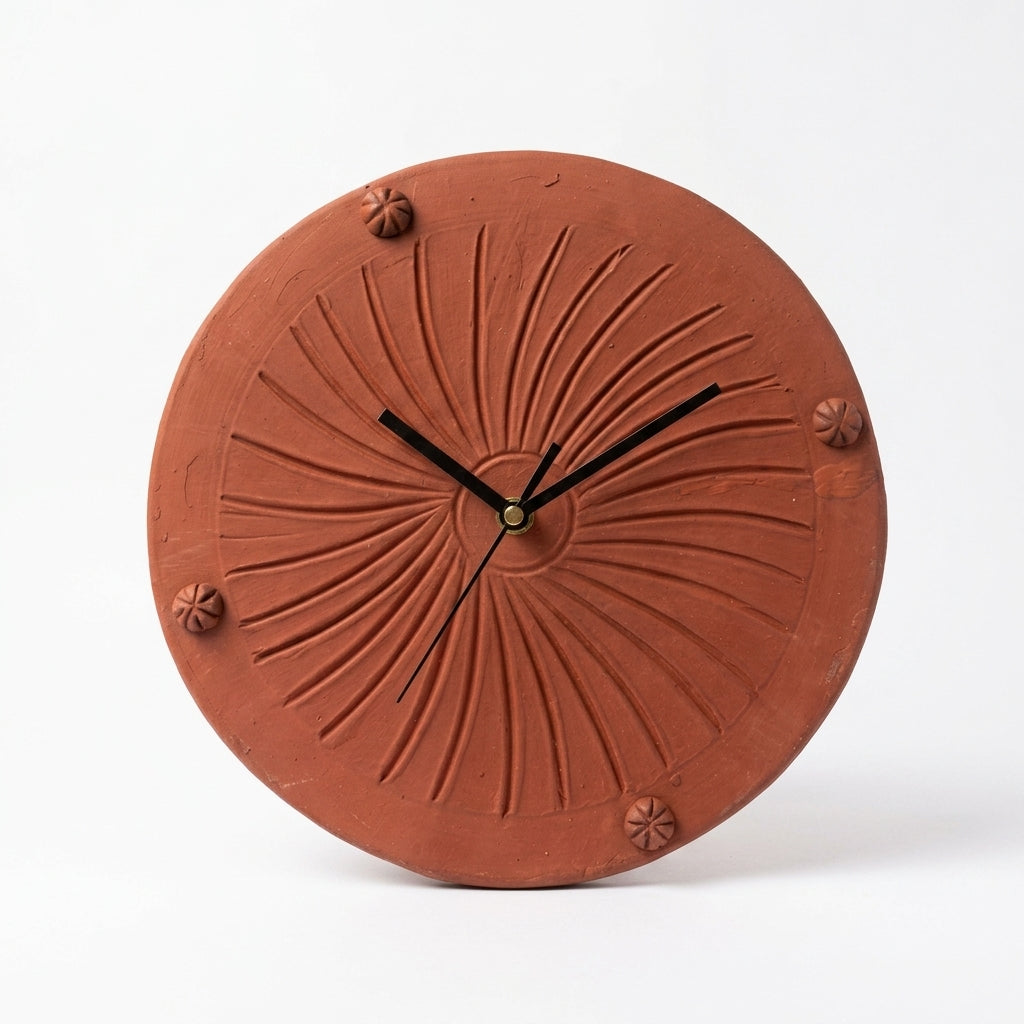 Terracotta sunburst wall clock hand-carved pinwheel relief natural clay 11 inch India Soul Of Soil