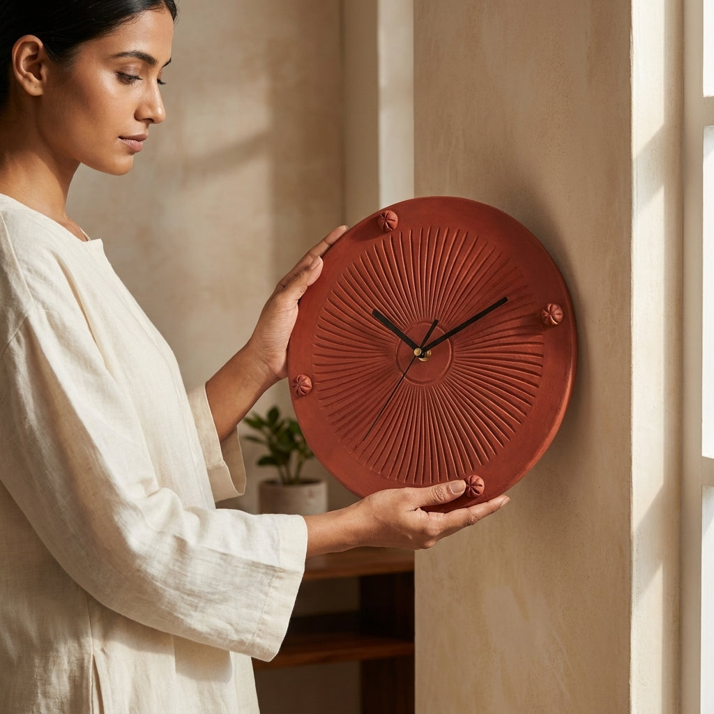 Terracotta Sunburst Wall Clock — Handcrafted Large Clay Clock with Carved Pinwheel Relief