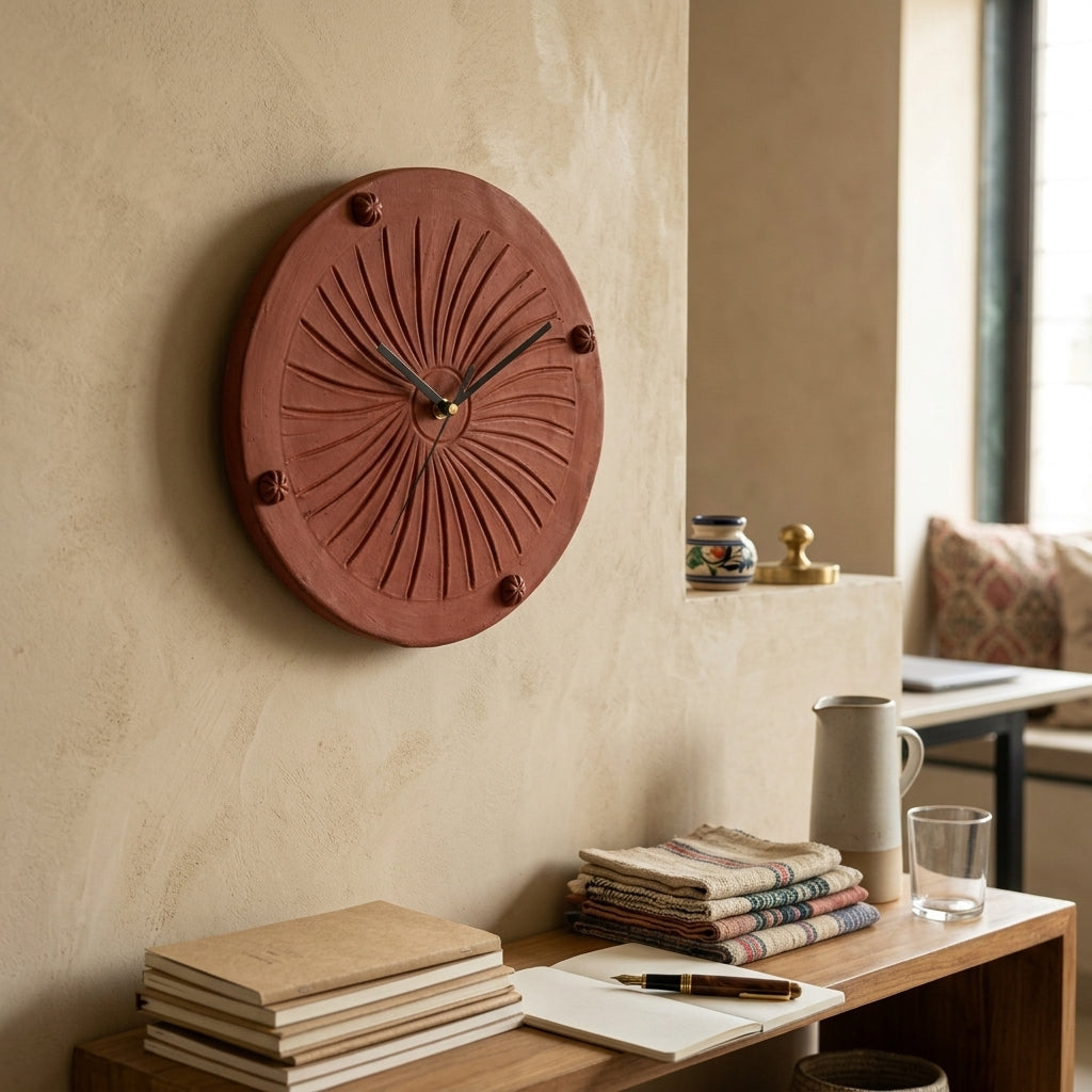 Terracotta Sunburst Wall Clock — Handcrafted Large Clay Clock with Carved Pinwheel Relief
