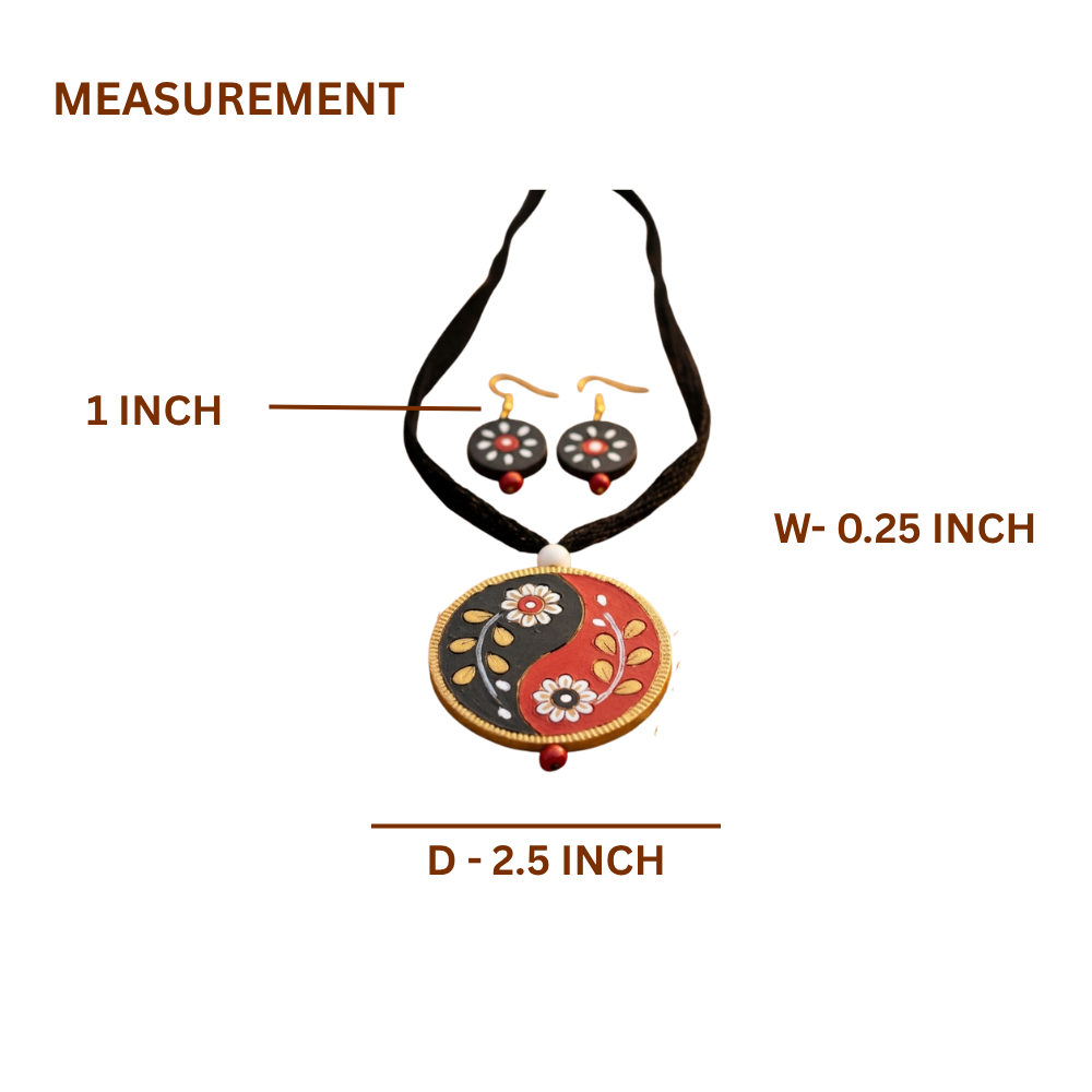 Terracotta Yin-Yang Necklace Set — Hand-Painted Floral Round Pendant & Earrings