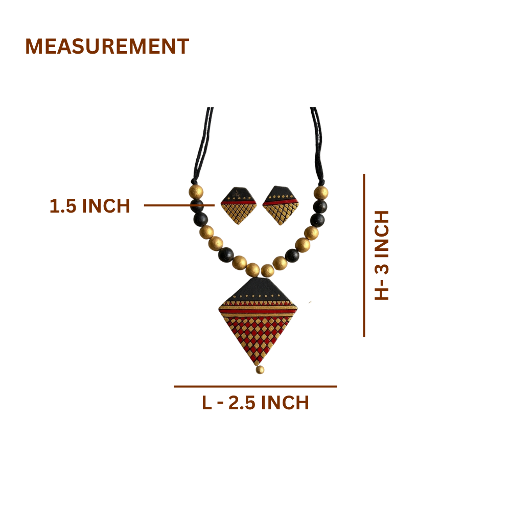 Terracotta Diamond Necklace Set — Gold Lattice Pendant & Matching Stud Earrings
