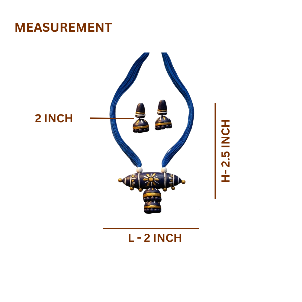 Terracotta Blue Barrel Necklace Set — Handcrafted Clay Necklace with Jhumka Earrings