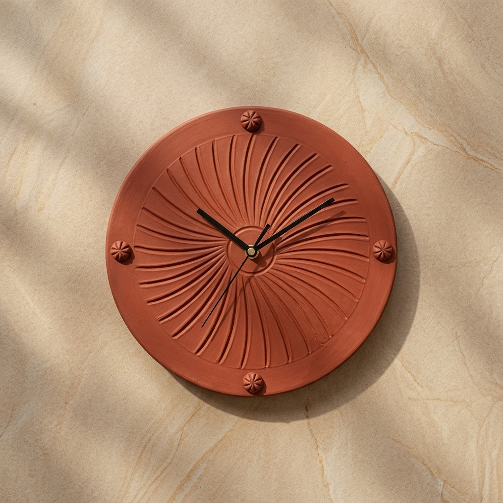 Terracotta Sunburst Wall Clock — Handcrafted Large Clay Clock with Carved Pinwheel Relief