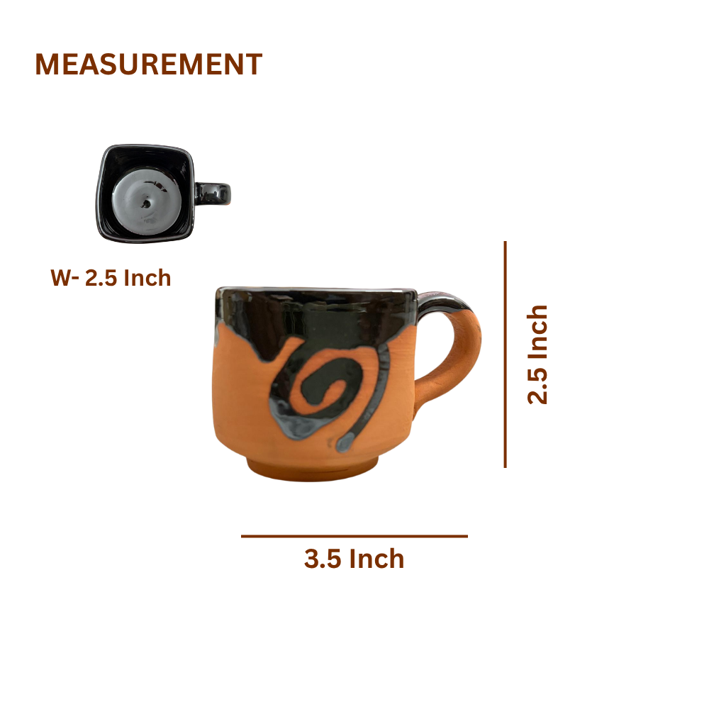 Terracotta Coffee Cup — Black Glazed Clay Cup with Swirl Motif