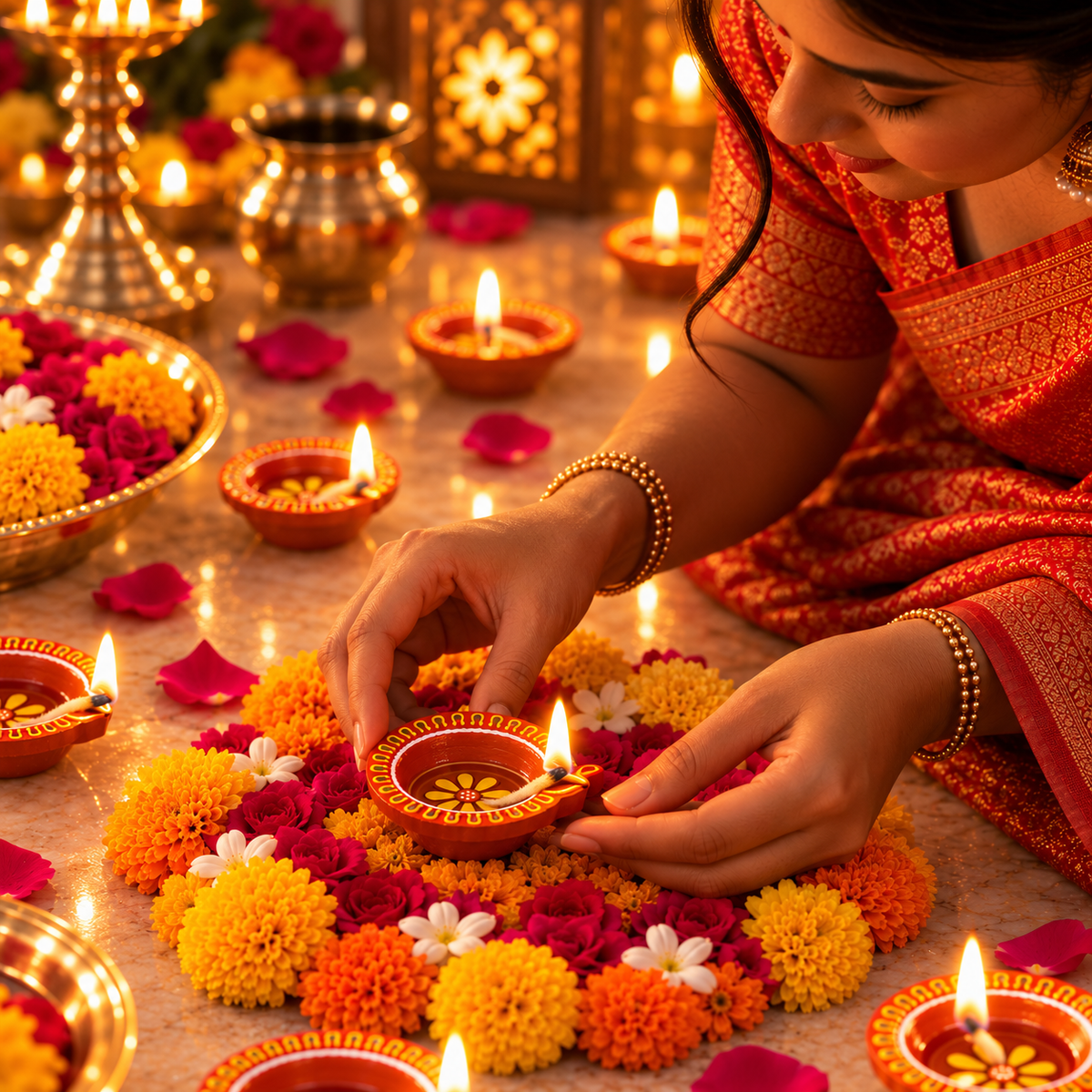 Terracotta Diya Set of 4 — Hand-Painted Clay Diyas with Floral Base Motif