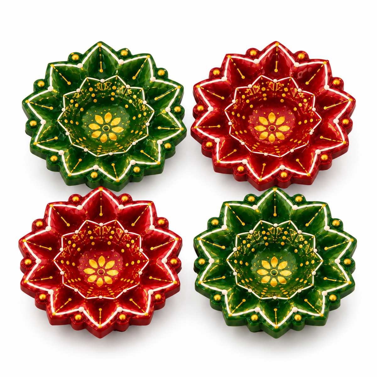 Terracotta Diya Set of 4 — Hand-Painted Clay Diyas with Star Flower Design