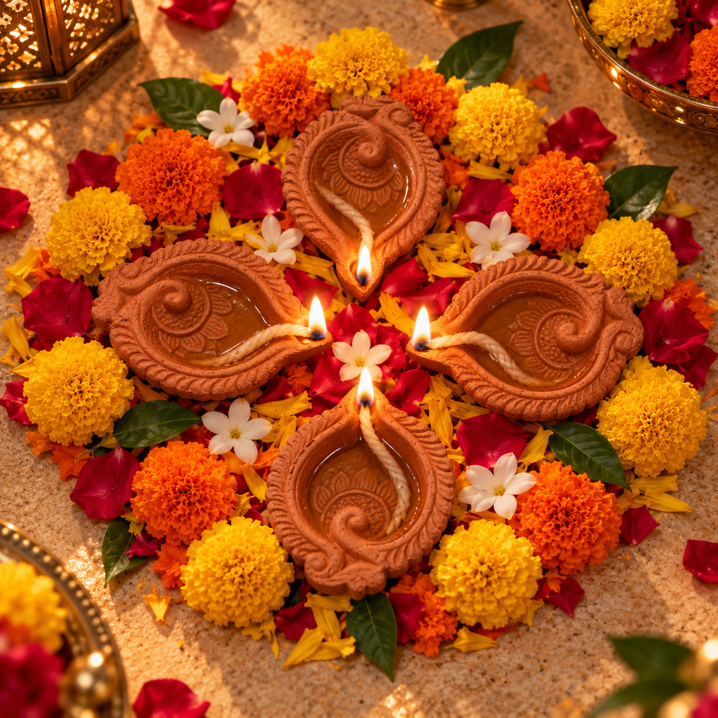 Terracotta Diya Set of 6 — Handmade Natural Clay Diyas with Paisley Scroll Design