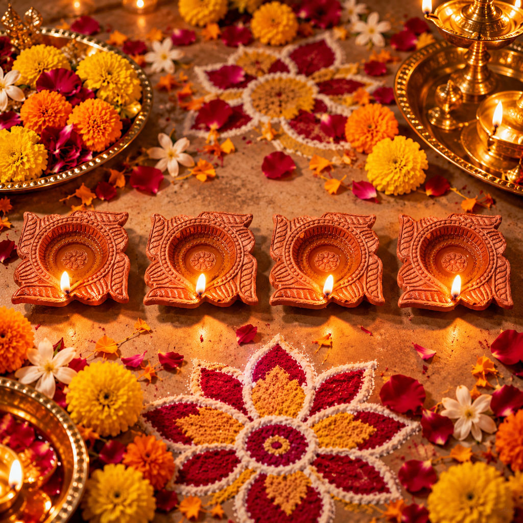 Terracotta Diya Set of 6 — Handmade Natural Clay Diyas with Swastika Design