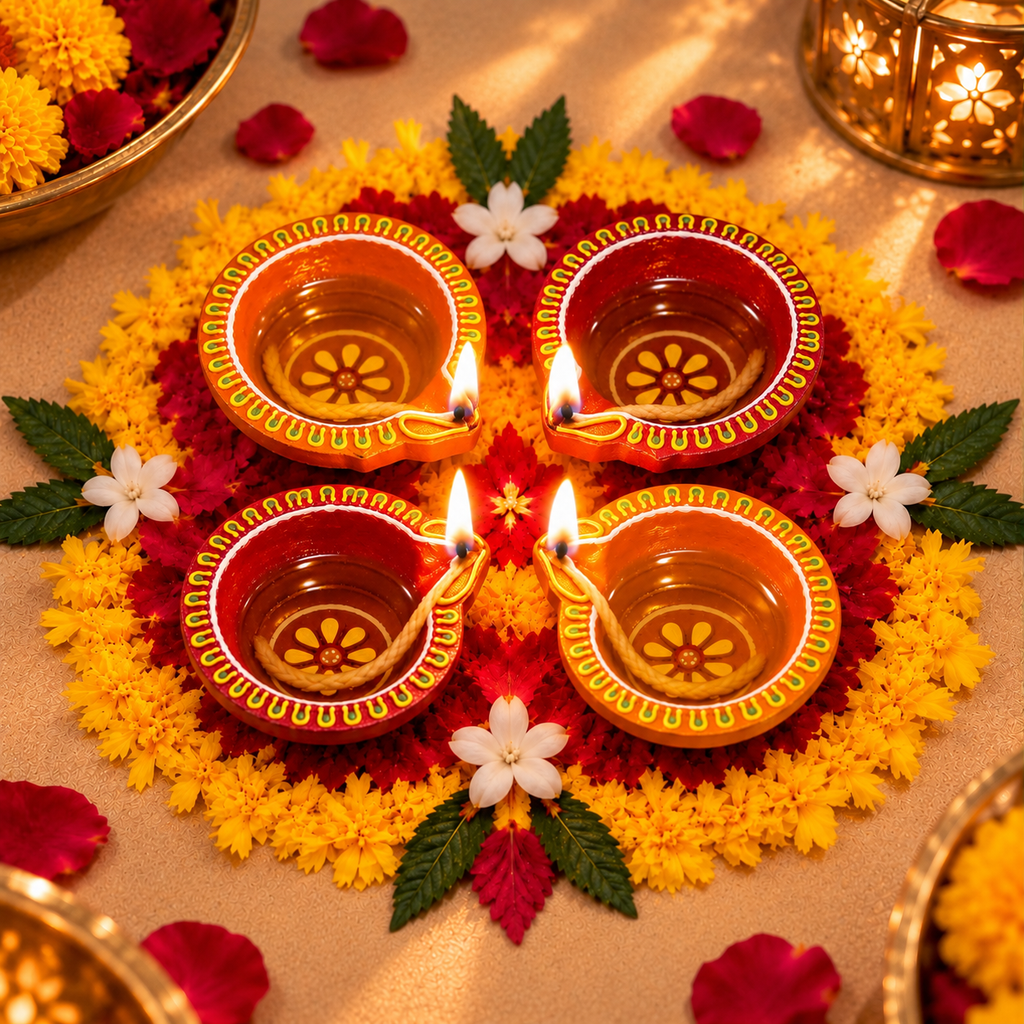 Terracotta Diya Set of 4 — Hand-Painted Clay Diyas with Floral Base Motif