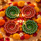 Terracotta Diya Set of 4 — Hand-Painted Clay Diyas with Star Flower Design