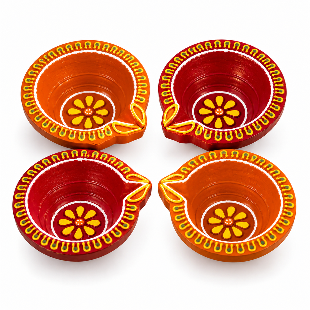 Terracotta Diya Set of 4 — Hand-Painted Clay Diyas with Floral Base Motif