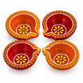 Terracotta Diya Set of 4 — Hand-Painted Clay Diyas with Floral Base Motif