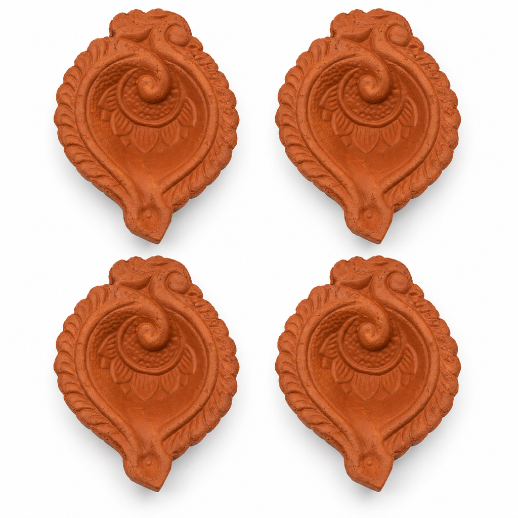 Terracotta Diya Set of 6 — Handmade Natural Clay Diyas with Paisley Scroll Design