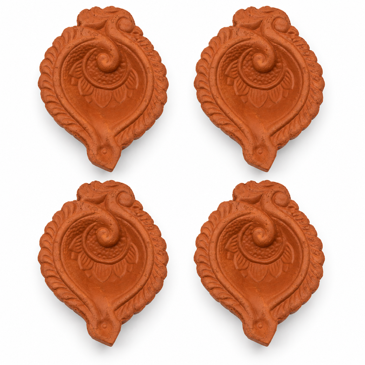 Terracotta Diya Set of 6 — Handmade Natural Clay Diyas with Paisley Scroll Design