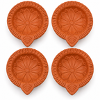 Terracotta Diya Set of 6 — Handmade Natural Clay Diyas with Embossed Lotus & Leaf Design