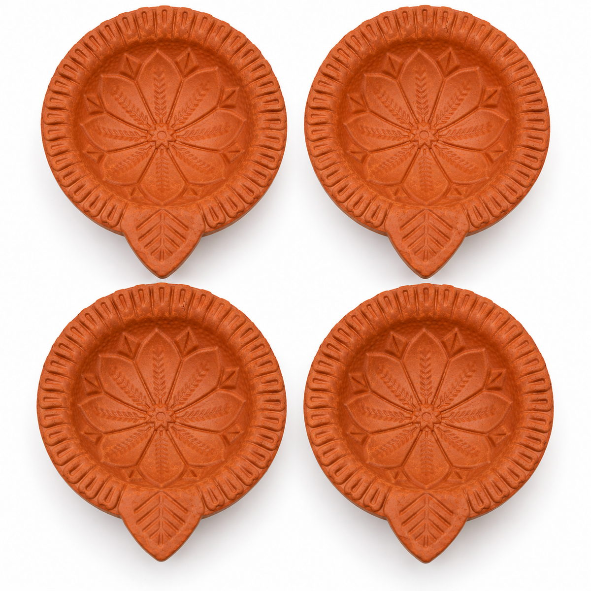 Terracotta Diya Set of 6 — Handmade Natural Clay Diyas with Embossed Lotus & Leaf Design