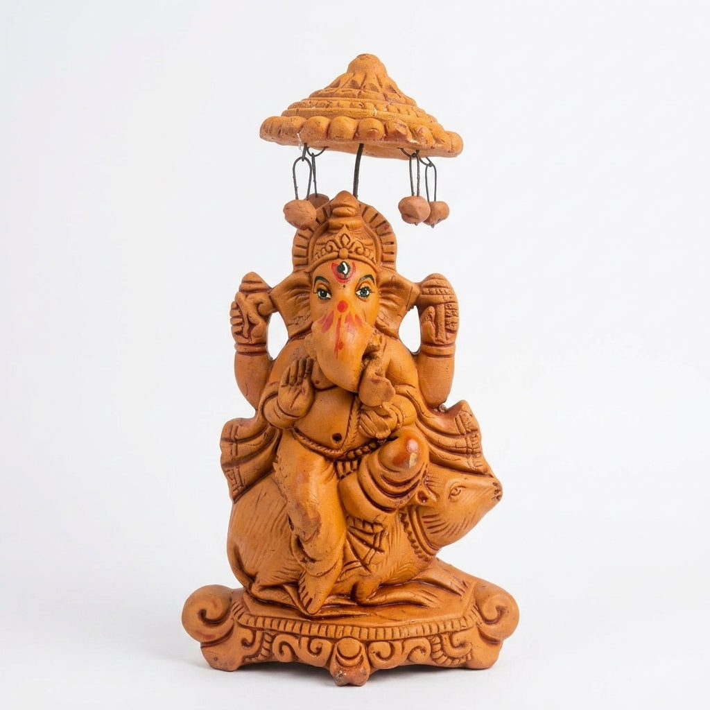 Terracotta Ganesha Statue — Handcrafted Clay Ganesha with Chatri & Mushak