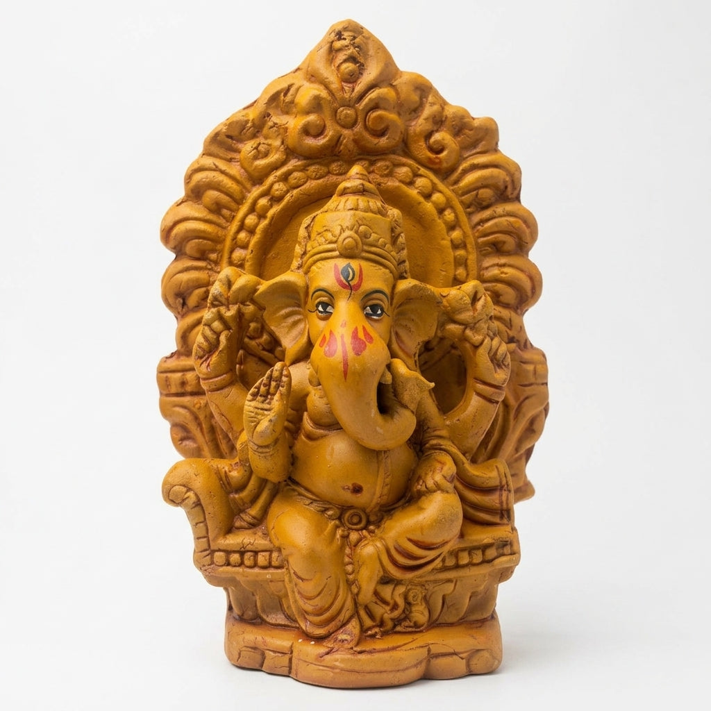 Terracotta Ganesha Statue — Handcrafted Clay Ganesha with Decorative Prabhavali