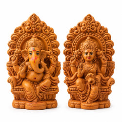 Ganesh Laxmi Idol Pair — Terracotta Statues with Decorative Prabhavali