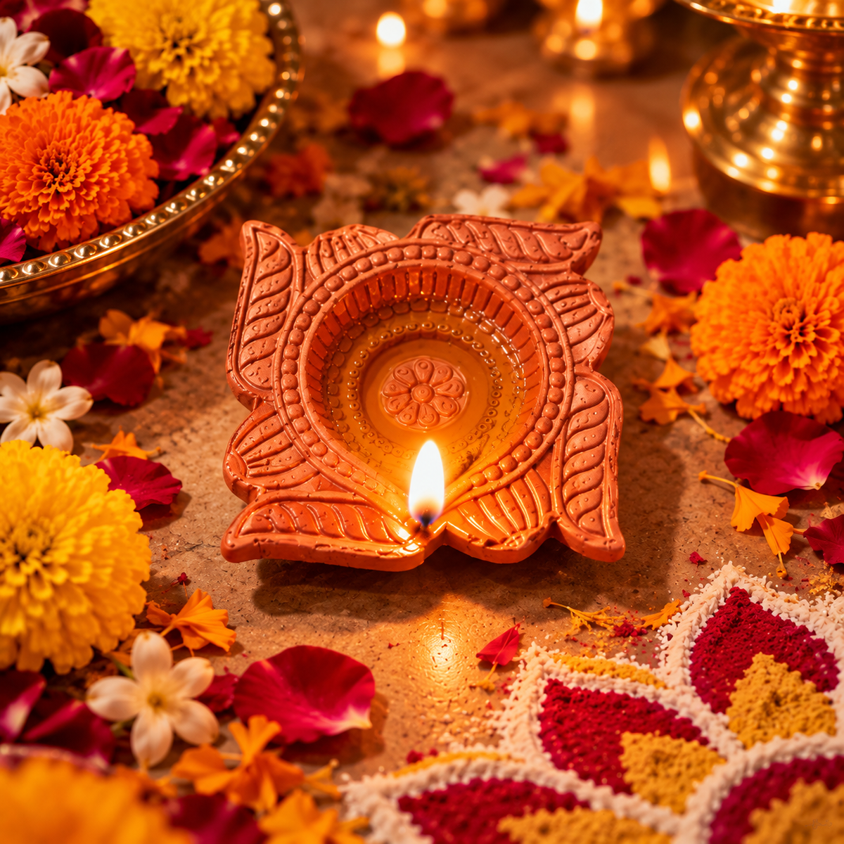 Terracotta Diya Set of 6 — Handmade Natural Clay Diyas with Swastika Design