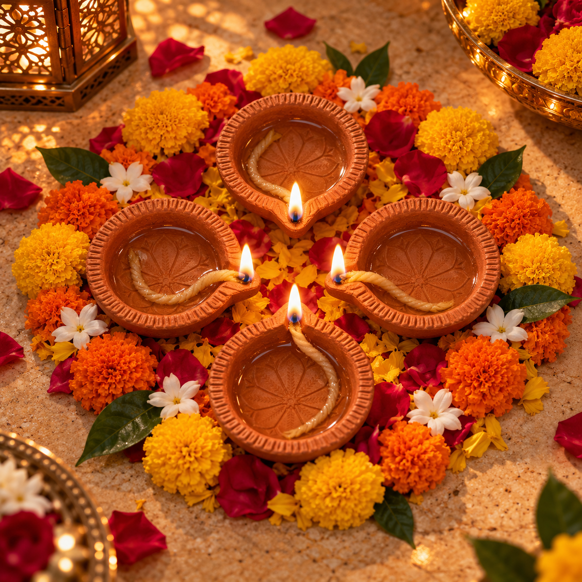 Terracotta Diya Set of 6 — Handmade Natural Clay Diyas with Embossed Lotus & Leaf Design