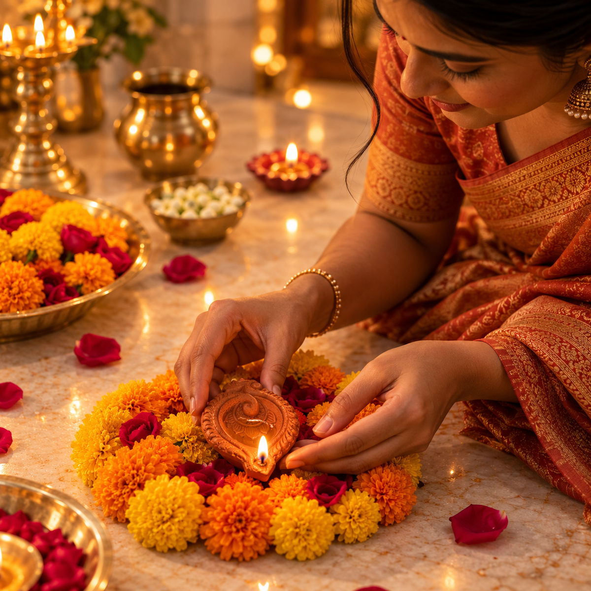 Terracotta Diya Set of 6 — Handmade Natural Clay Diyas with Paisley Scroll Design
