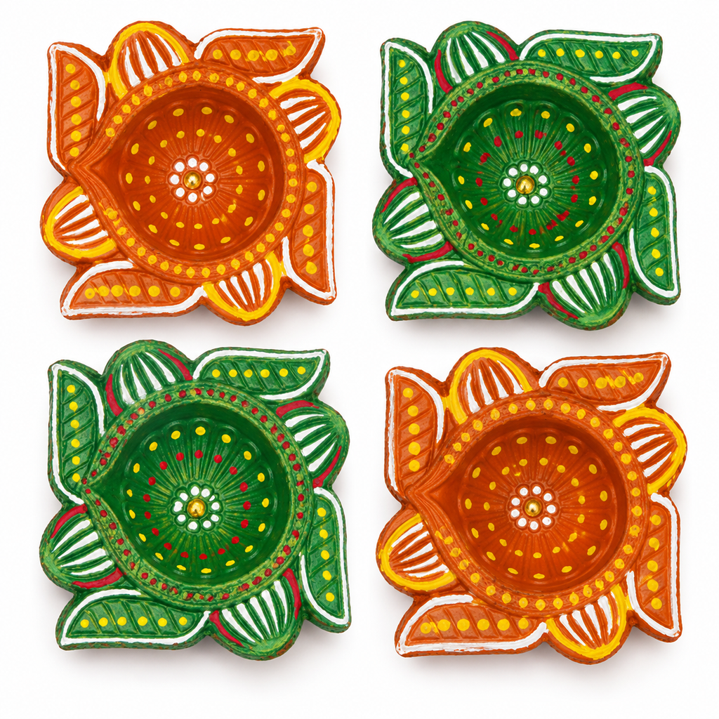 Terracotta Diya Set of 4: Hand-Painted Swastik Clay Diyas