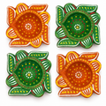 Terracotta Diya Set of 4: Hand-Painted Swastik Clay Diyas