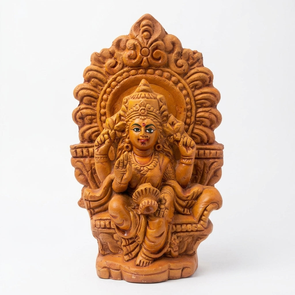 Terracotta Lakshmi Statue — Handcrafted Clay Goddess Lakshmi with Decorative Prabhavali