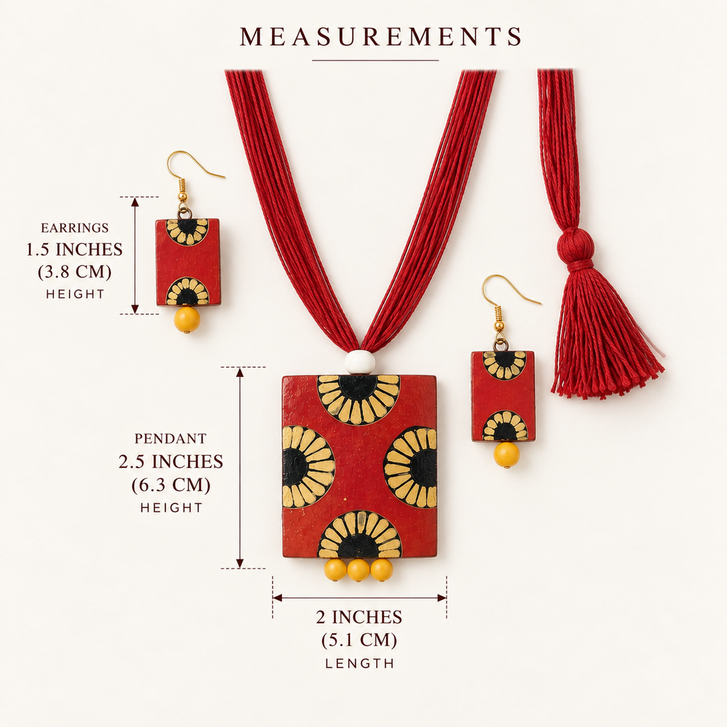 Terracotta Red Sunflower Necklace Set — Handcrafted Clay Square Pendant & Earrings