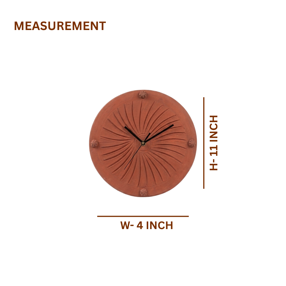 Terracotta Sunburst Wall Clock — Handcrafted Large Clay Clock with Carved Pinwheel Relief