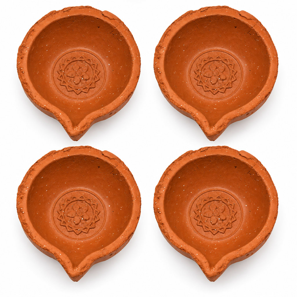 Terracotta Diya Set of 8 — Handmade Natural Clay Diyas with Rustic Textured Rim