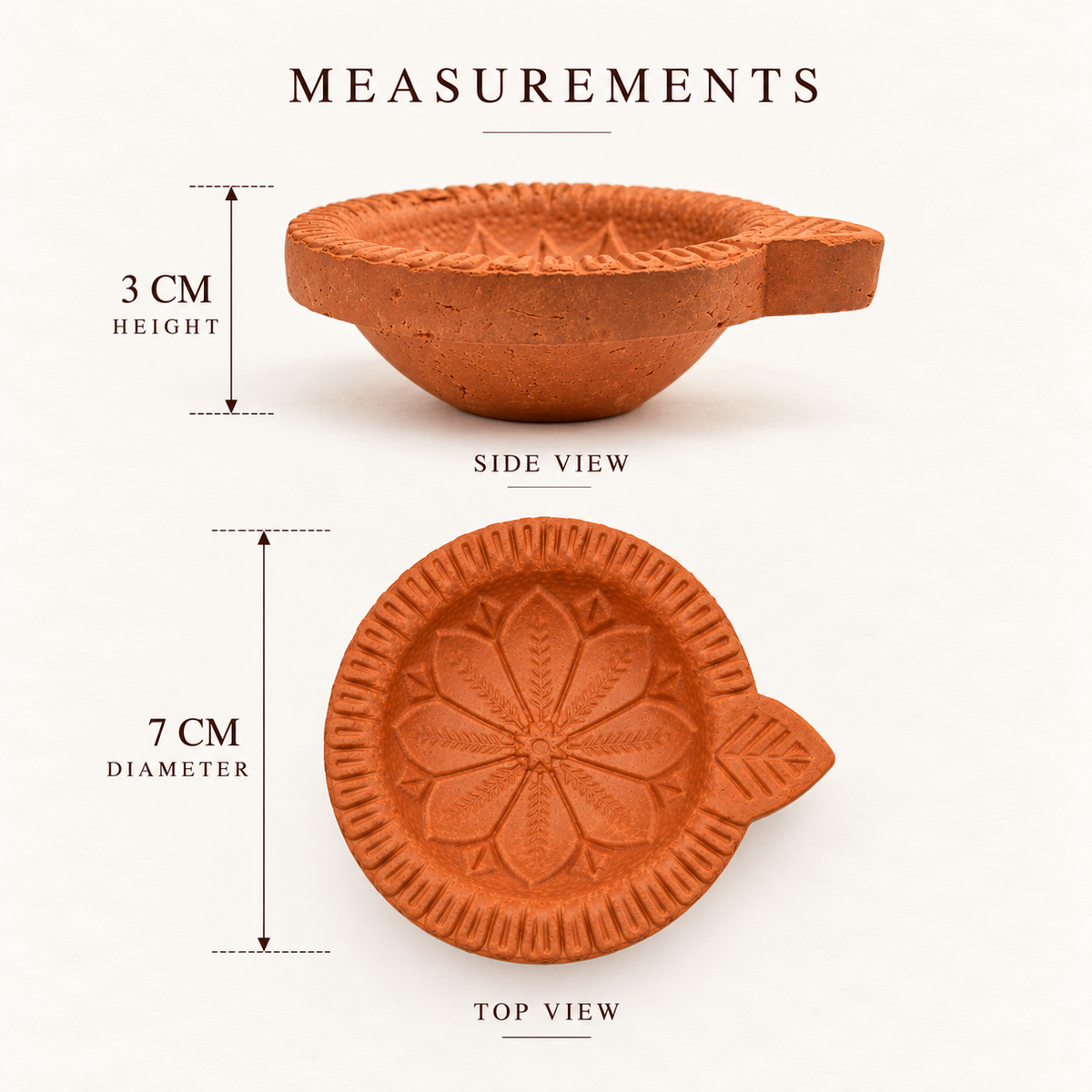 Terracotta Diya Set of 6 — Handmade Natural Clay Diyas with Embossed Lotus & Leaf Design