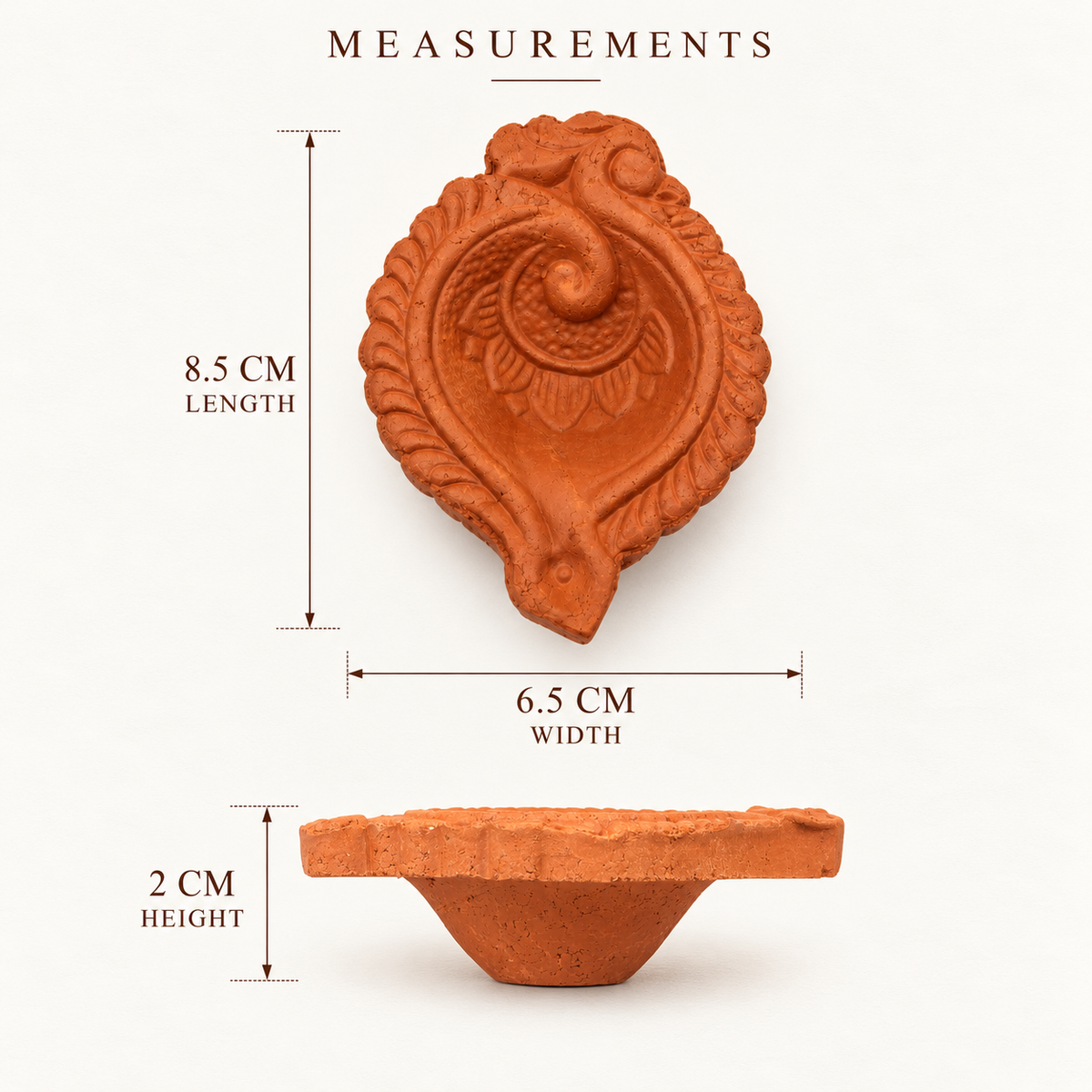 Terracotta Diya Set of 6 — Handmade Natural Clay Diyas with Paisley Scroll Design