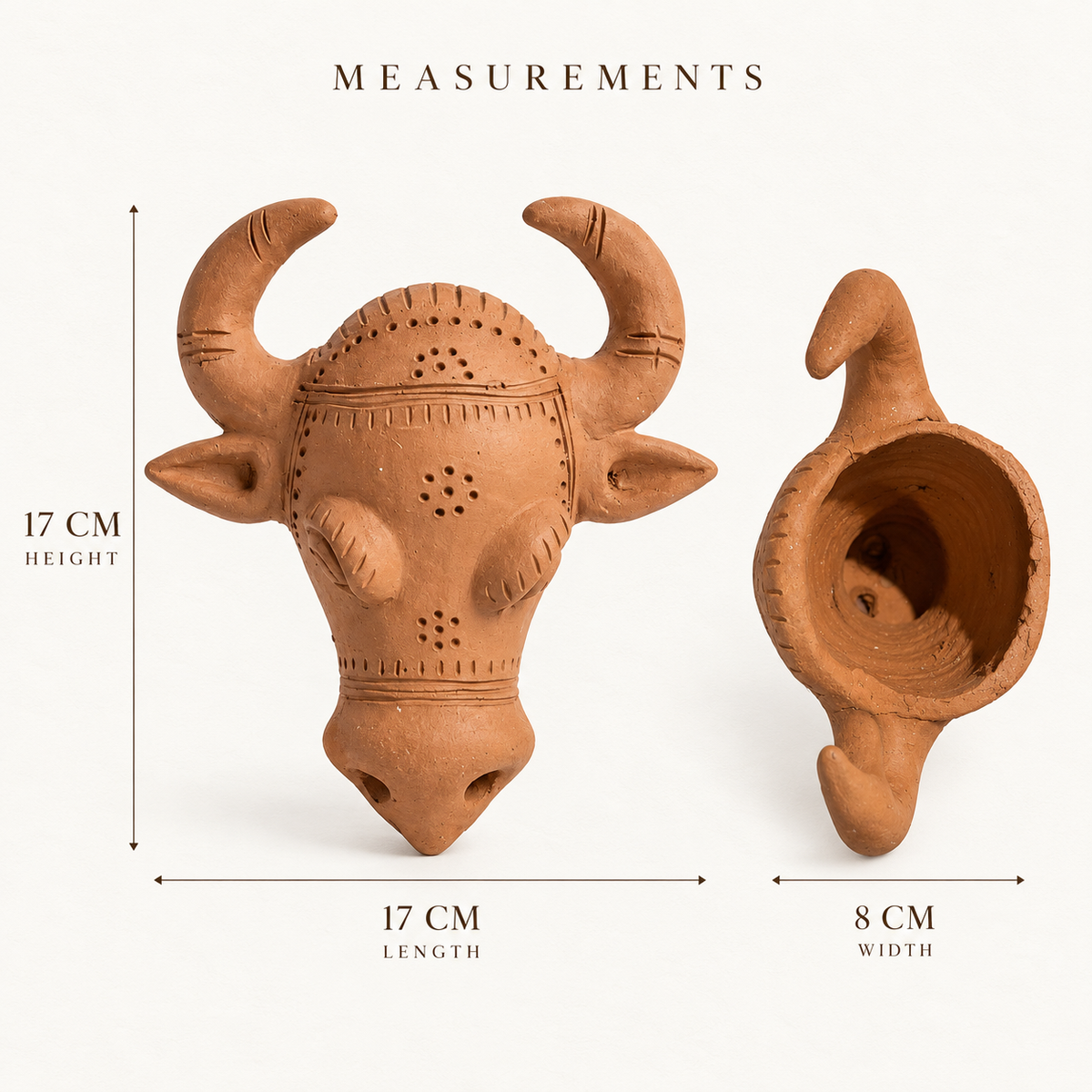 Terracotta Bull Head Sculpture — Handmade Clay Bull Art with Curved Horns