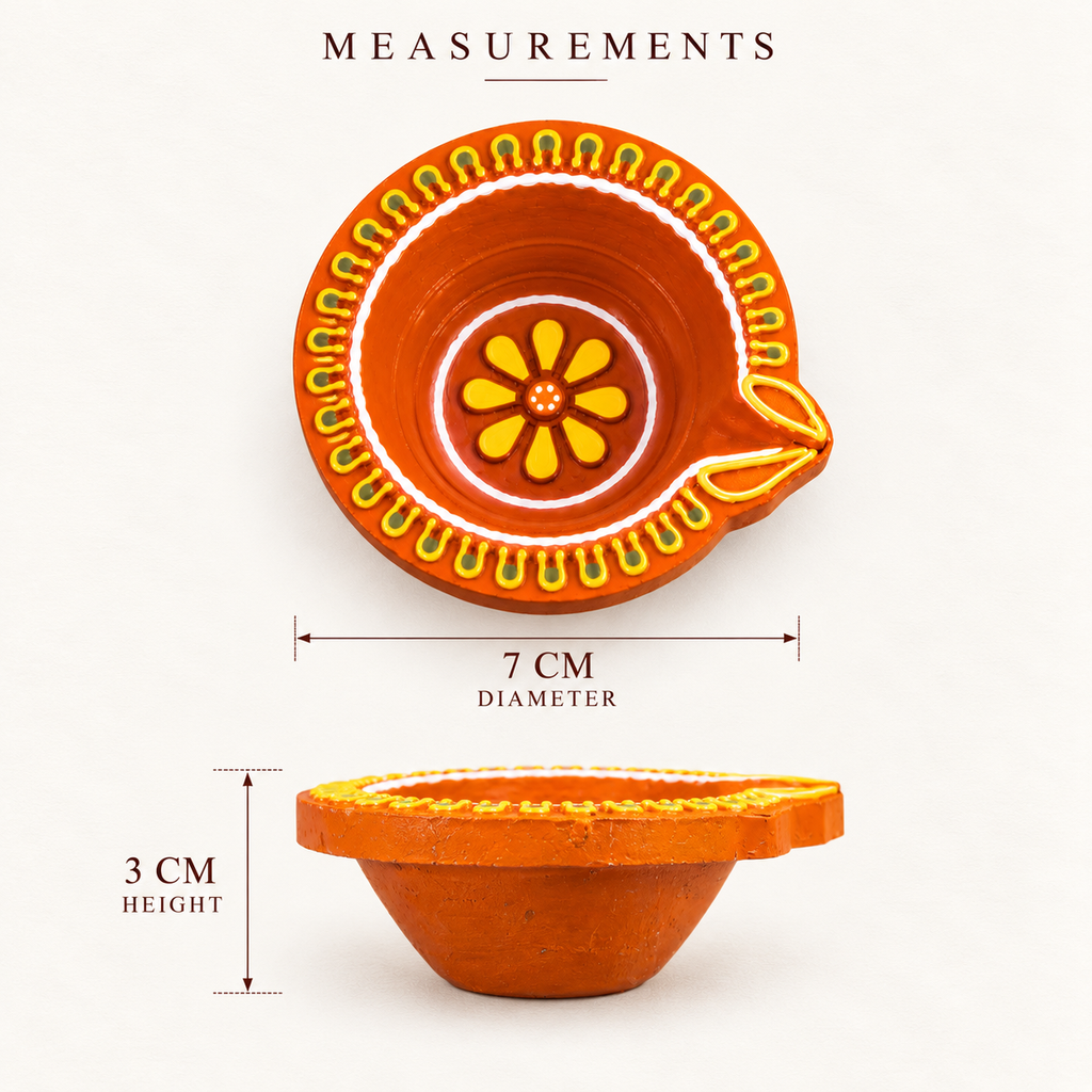 Terracotta Diya Set of 4 — Hand-Painted Clay Diyas with Floral Base Motif