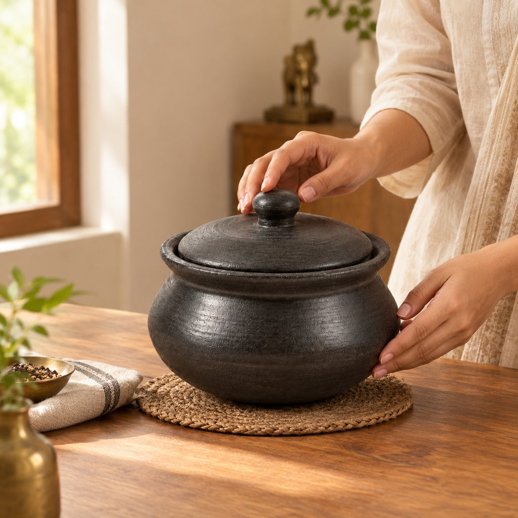 Black Clay Cooking Pot with Lid - Handcrafted terracotta earthenware by Soul Of Soil - View 4