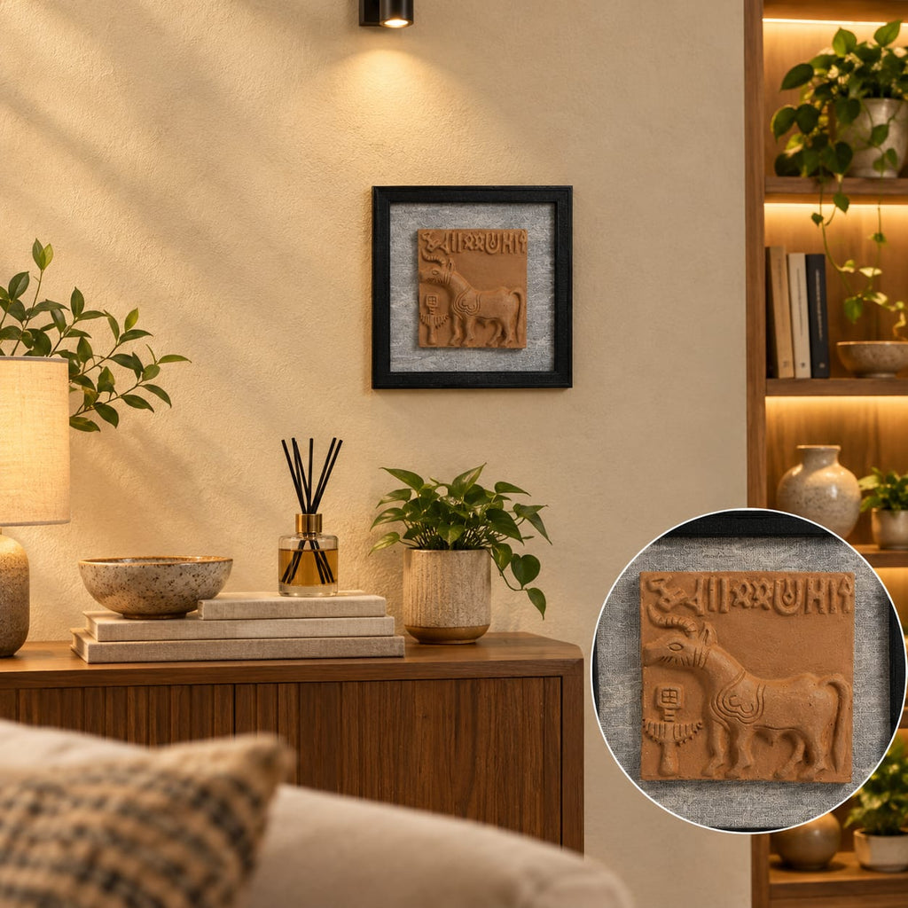 Terracotta Harappan Unicorn Seal Replica with Frame - Handcrafted terracotta earthenware by Soul Of Soil - View 2