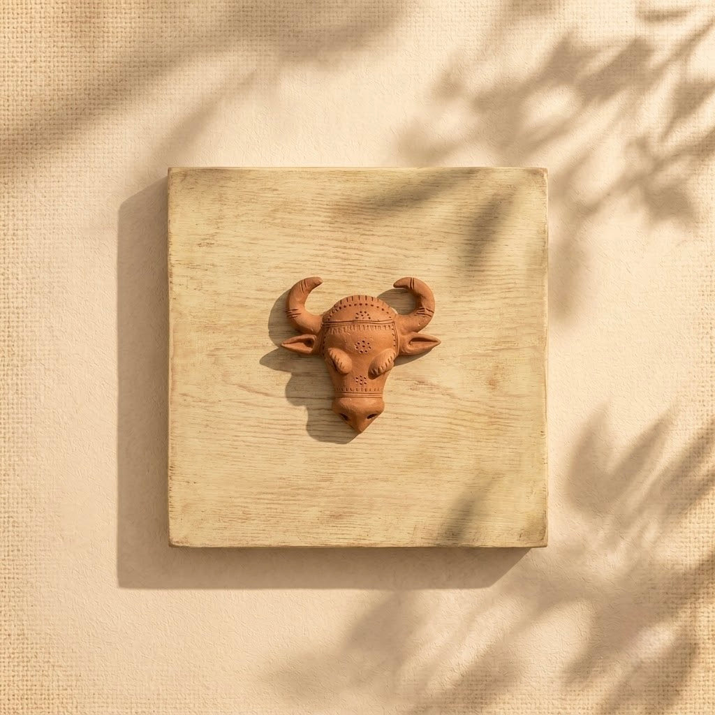 Terracotta Bull Head Sculpture — Handmade Clay Bull Art with Curved Horns