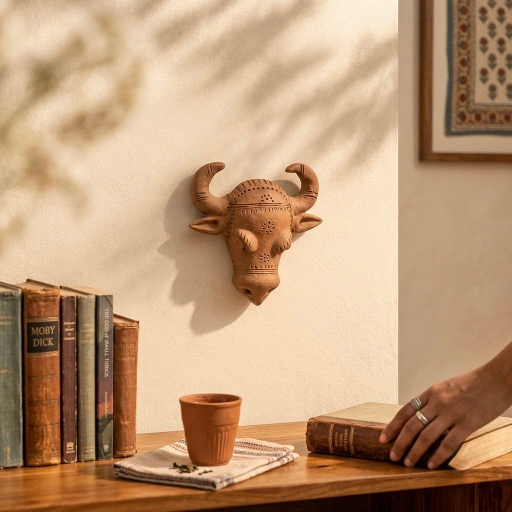 Terracotta Bull Head Sculpture — Handmade Clay Bull Art with Curved Horns