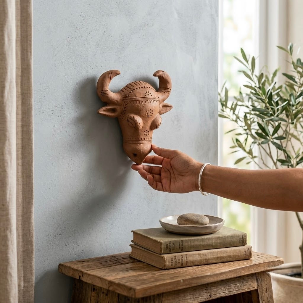 Terracotta Bull Head Sculpture — Handmade Clay Bull Art with Curved Horns