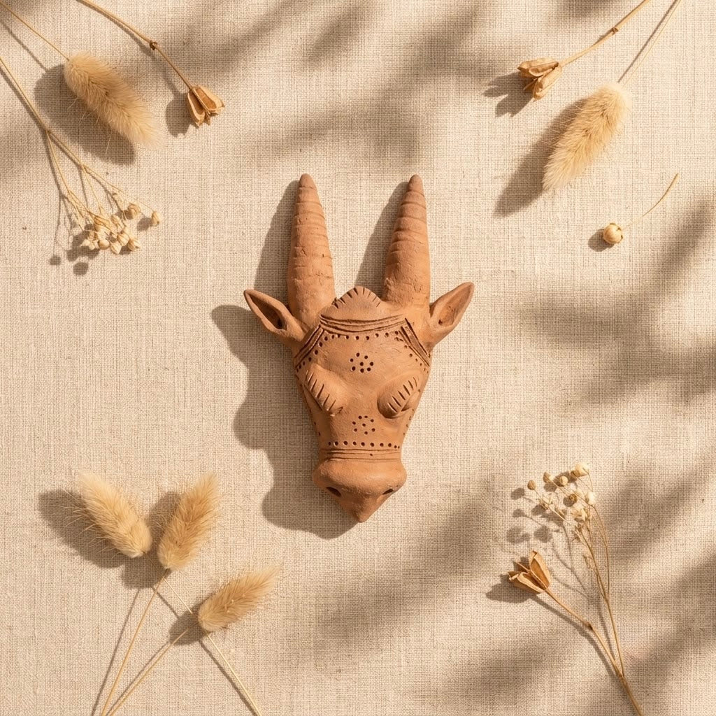 Terracotta Deer Head Sculpture: Handmade Clay Deer Art with Tall Antlers