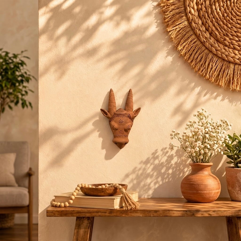 Terracotta Deer Head Sculpture: Handmade Clay Deer Art with Tall Antlers