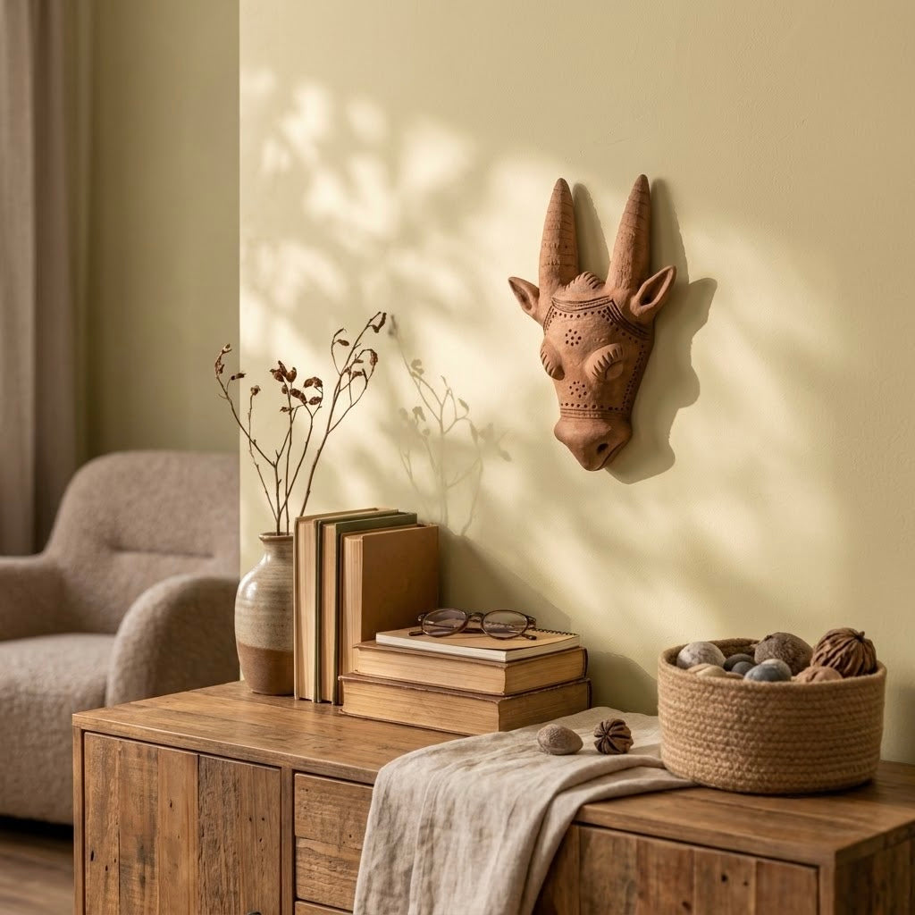 Terracotta Deer Head Sculpture: Handmade Clay Deer Art with Tall Antlers